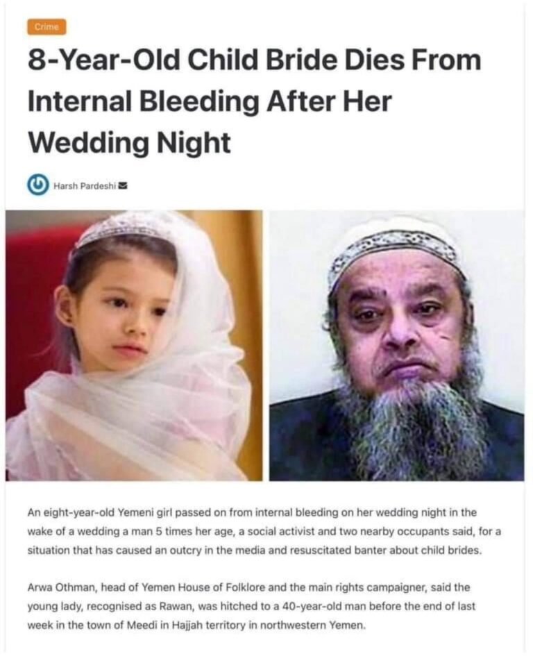 8-Year-Old Child Bride Dies From Internal Bleeding After Her Wedding Night 8-Year-Old Child Bride Dies From Internal Bleeding After Her Wedding Night